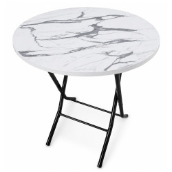 Masa pliabila cu blat, model marmura, cadru metalic, rotunda, 70 cm, 76 cm inaltime, alba