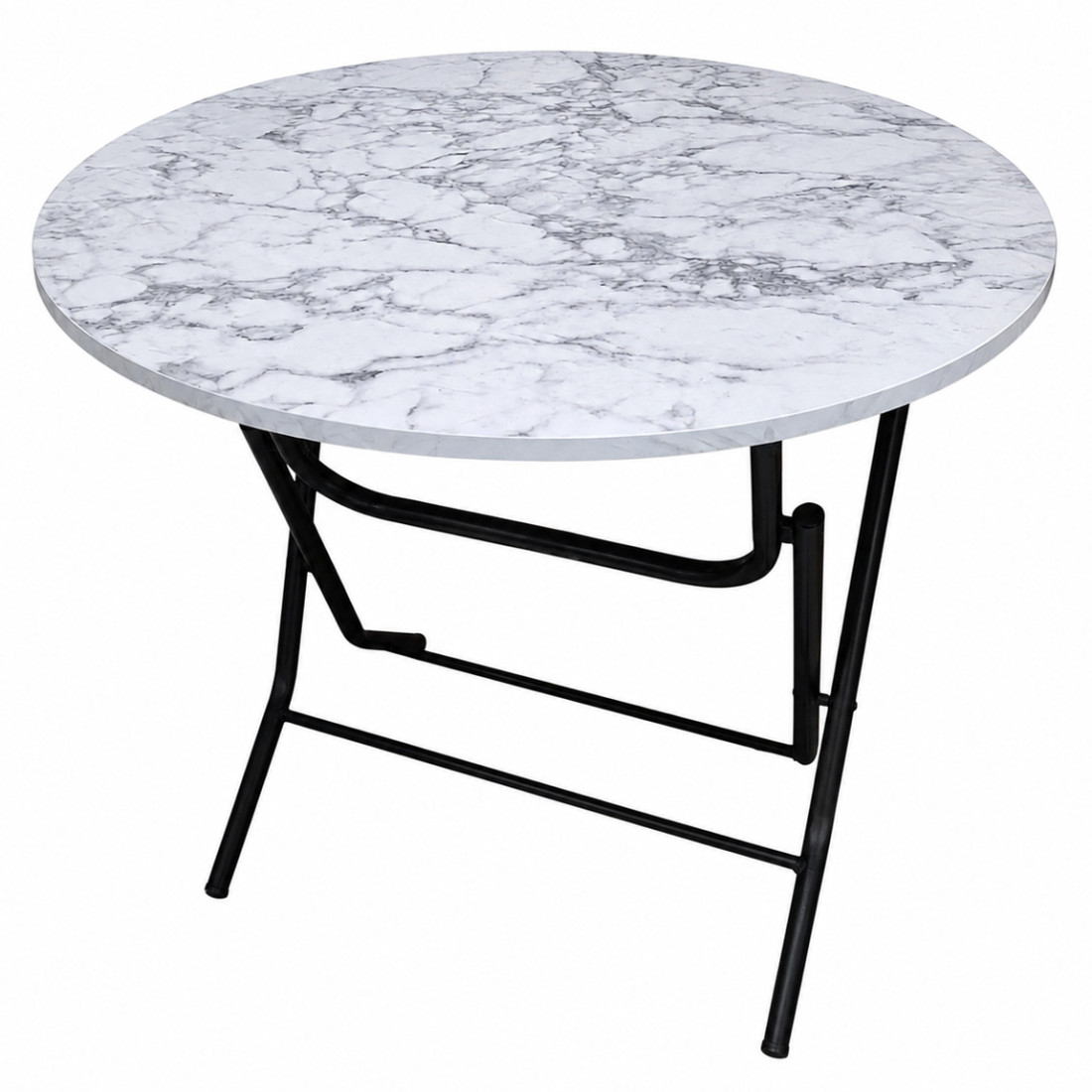 Masa pliabila cu blat, model marmura, cadru metalic, rotunda, 80 cm, 76 cm inaltime, alba