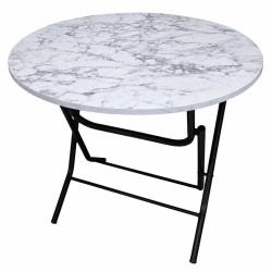 Masa pliabila cu blat, model marmura, cadru metalic, rotunda, 80 cm, 76 cm inaltime, alba