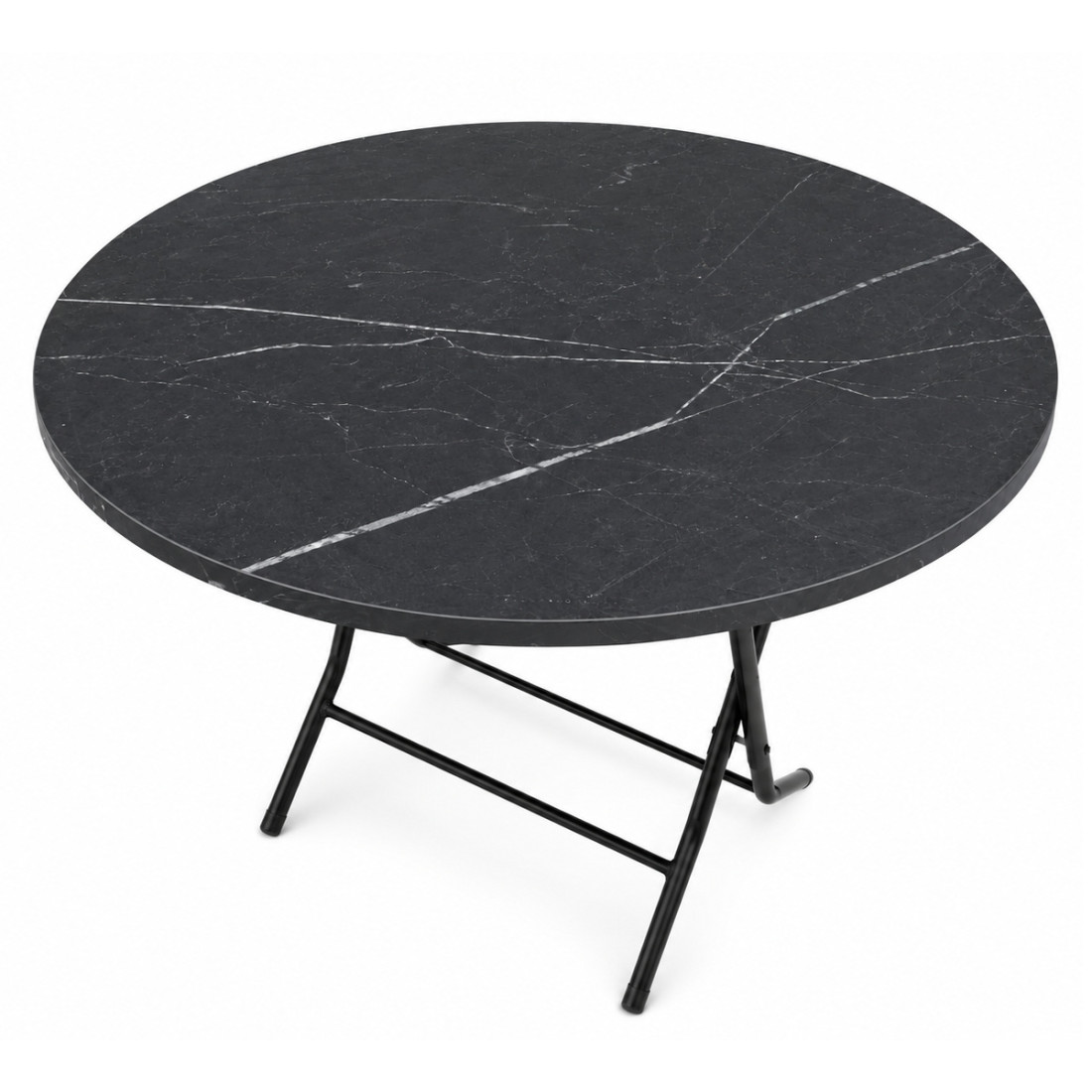 Masa pliabila cu blat, model marmura, cadru metalic, rotunda, 80 cm, 76 cm inaltime, neagra