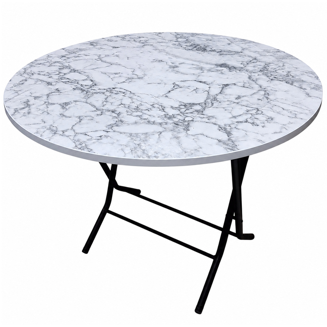 Masa pliabila cu blat, model marmura, cadru metalic, rotunda, 90 cm, 76 cm inaltime, alba