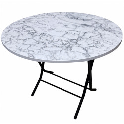 Masa pliabila cu blat, model marmura, cadru metalic, rotunda, 90 cm, 76 cm inaltime, alba