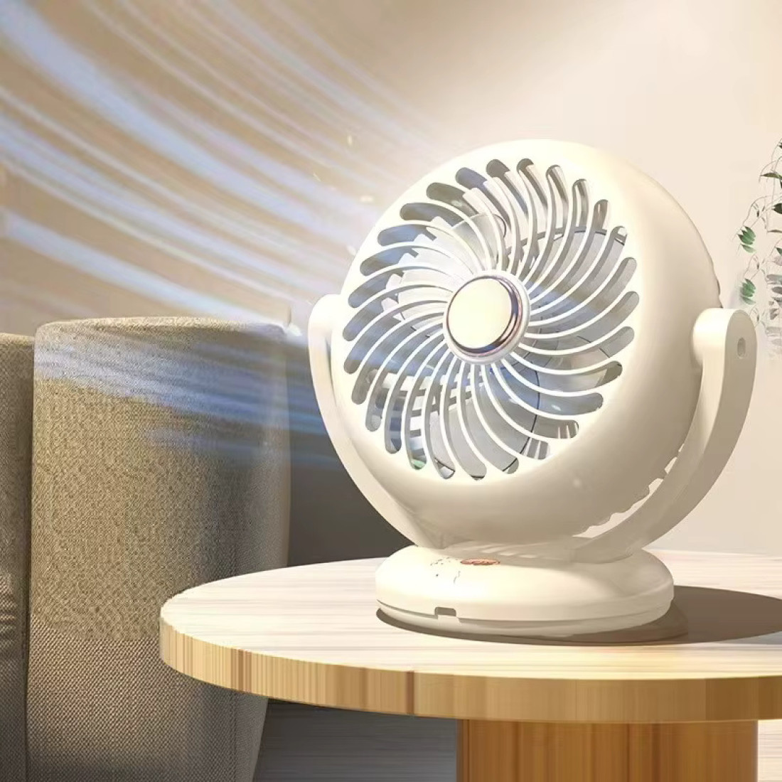 Ventilator de birou, rotire 180°, incarcare USB Type-C, 3 niveluri de reglare a vitezei, crem, 18 x 18 x 11 cm