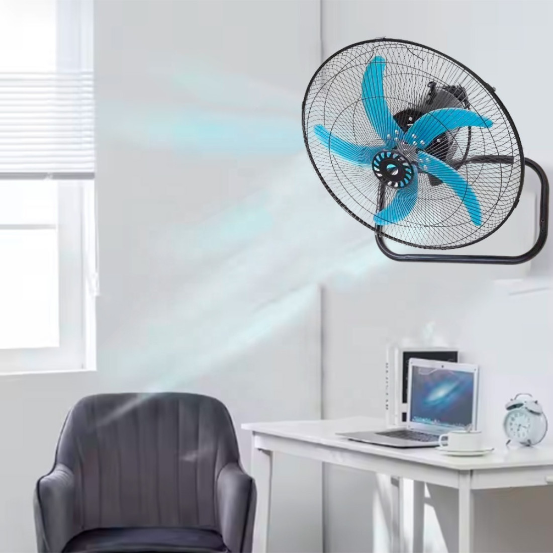 Ventilator cu palete metalice, 3 in 1, 100W, 45 cm diametru (18 inch), de birou/podea, de perete sau cu picior stativ, 3 viteze, 90° oscilatie stanga-dreapta, 30° inclinare sus-jos, motor silentios, inaltime reglabila