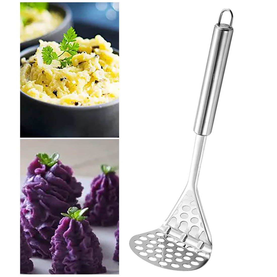 Zdrobitor Cartofi din Inox, Maner Ergonomic, Ideal in Bucatarie pentru Cartofi Fierti si Piure, 25 cm, Argintiu Zdrobitor Cartofi din Inox, Maner Ergonomic, Ideal in Bucatarie pentru Cartofi Fierti si Piure, 25 cm, Argintiu