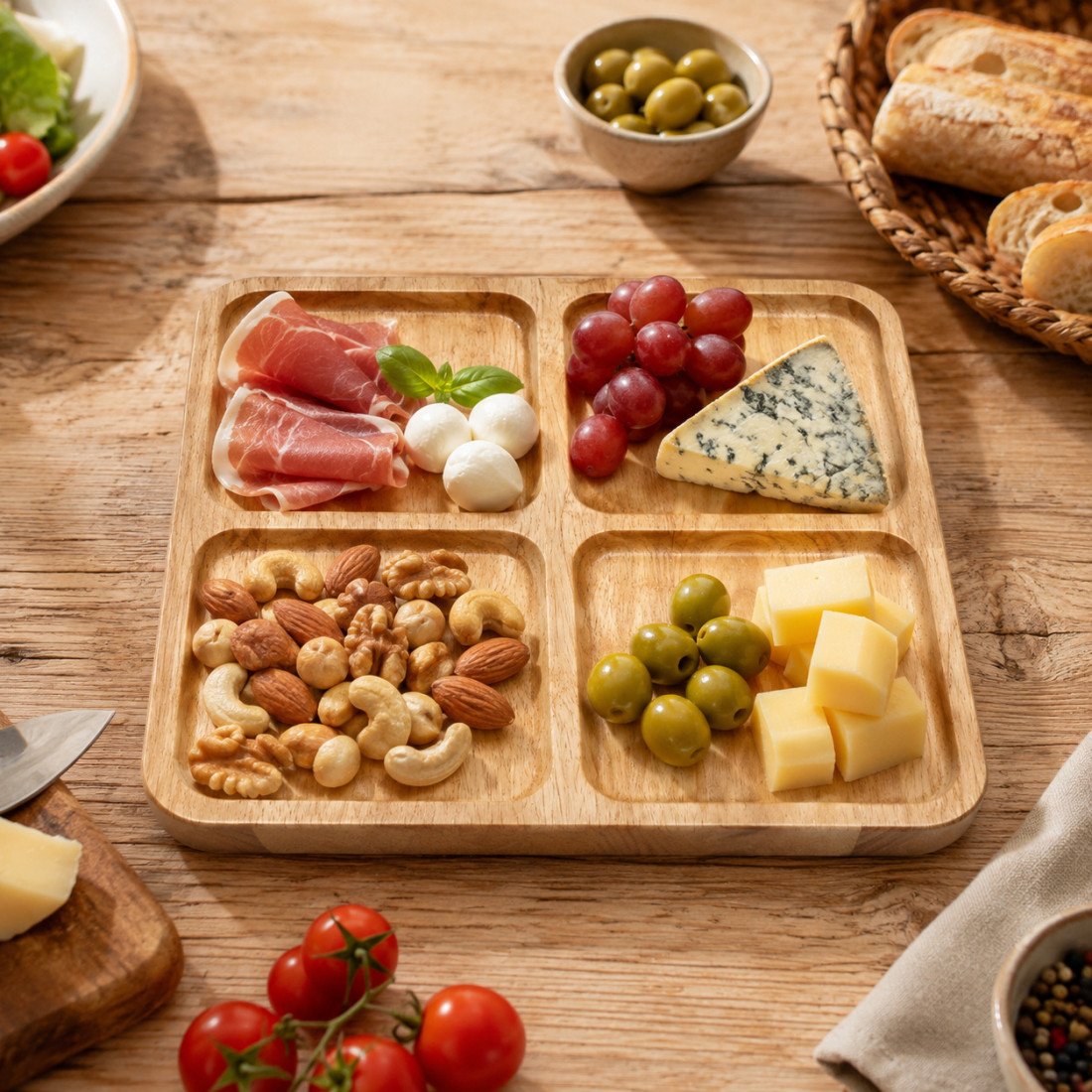 Platou din lemn compartimentat in 4 parti, design rustic, 30 x 30 x 1.7 cm, pentru servire, aperitive, gustari