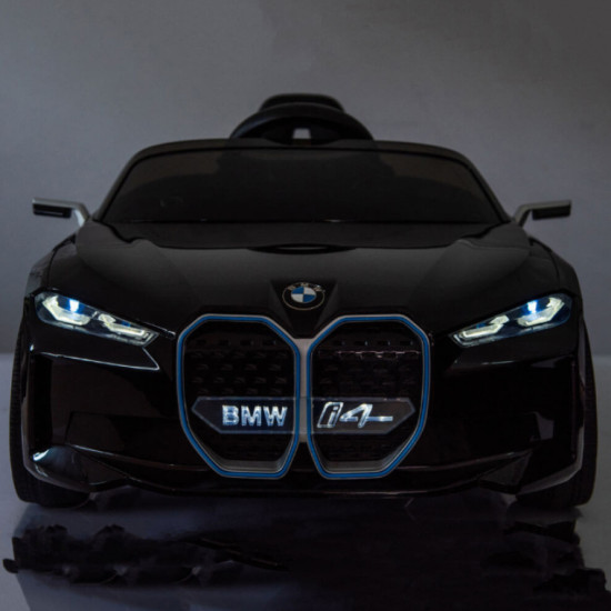 Masinuta electrica pentru copii BMW I4 cu doua usi, 12V-7Ah, LED, MP3, USB, Radio, Polipropilena, otel si scaun din piele ecologica, 115x67x45 cm, Negru