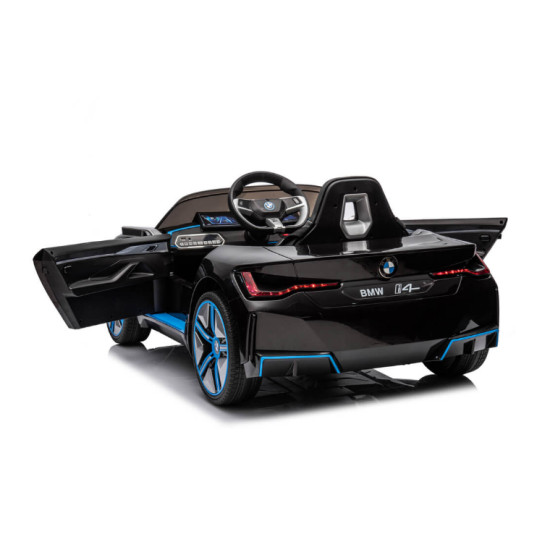 Masinuta electrica pentru copii BMW I4 cu doua usi, 12V-7Ah, LED, MP3, USB, Radio, Polipropilena, otel si scaun din piele ecologica, 115x67x45 cm, Negru