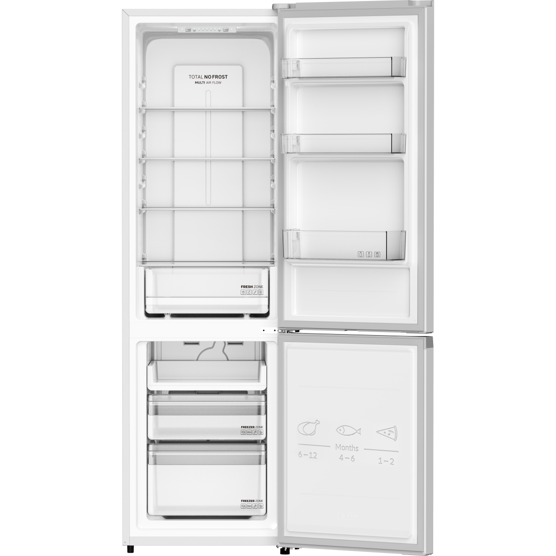 Frigider cu doua usi RTS RAC-FSRD341CBY1E-W, 262L (191L+71L), Clasa E, Total No Frost, Rafturi din sticla, Usi reversibile, Alb Frigider cu doua usi RTS RAC-FSRD341CBY1E-W, 262L (191L+71L), Clasa E, Total No Frost, Rafturi din sticla, Usi reversibile, Alb