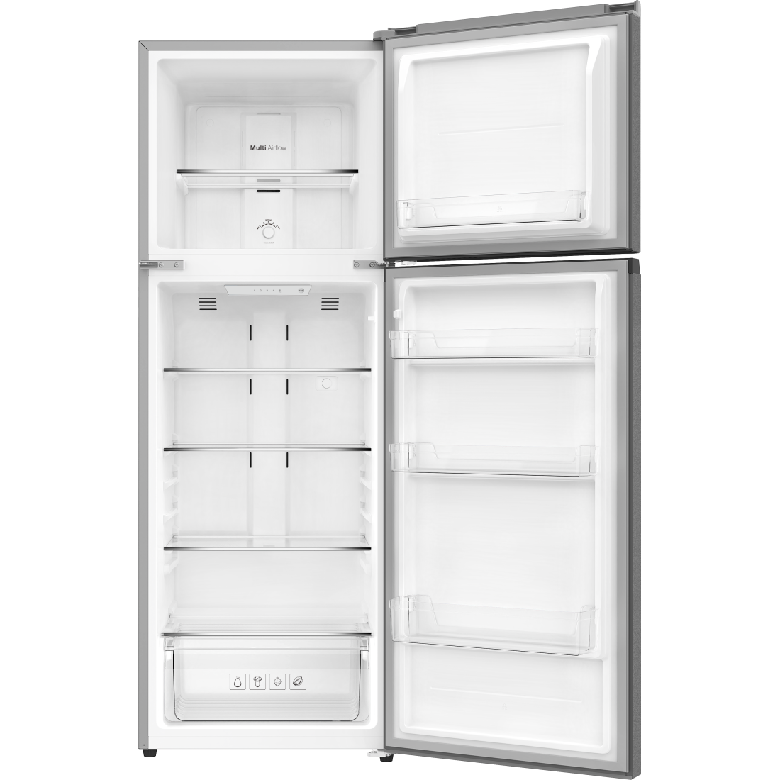 Frigider cu doua usi RTS RAC-FSRD420WTAPE-S, 329L (252L+77L), Clasa E, Total No Frost, Rafturi din sticla, Usi reversibile, 166.4 cm Inaltime, Argintiu