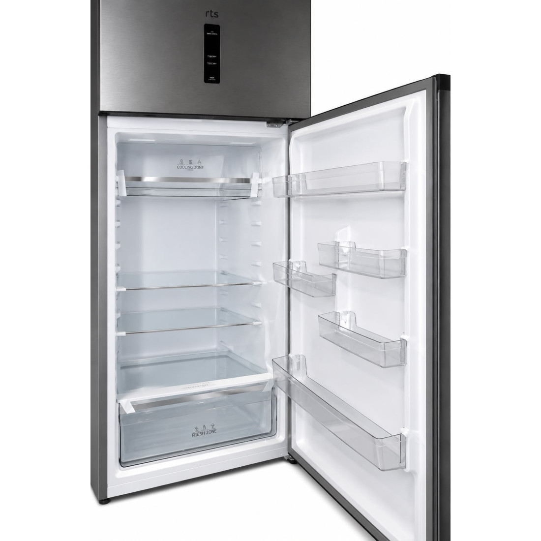 Frigider cu doua usi RTS RAC-SRD645WTP-INOX, 497L (382L+115L), Clasa E, Total No Frost, Multi Flow, Fresh Zone, Display Digital, Smart Control, Compresor Cu Invertor, H 175 cm, Culoare Inox Frigider cu doua usi RTS RAC-SRD645WTP-INOX, 497L (382L+115L), Clasa E, Total No Frost, Multi Flow, Fresh Zone, Display Digital, Smart Control, Compresor Cu Invertor, H 175 cm, Culoare Inox