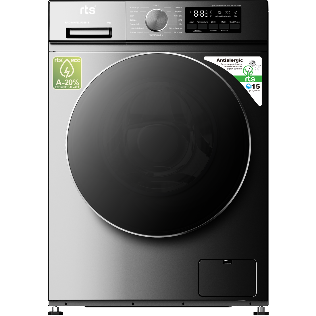 Masina de spalat RTS RAC-WMF80270EB-S 8KG, 1200 RPM, Motor Inverter, Steam, Clasa A, Alb Masina de spalat RTS RAC-WMF80270EB-S 8KG, 1200 RPM, Motor Inverter, Steam, Clasa A, Alb