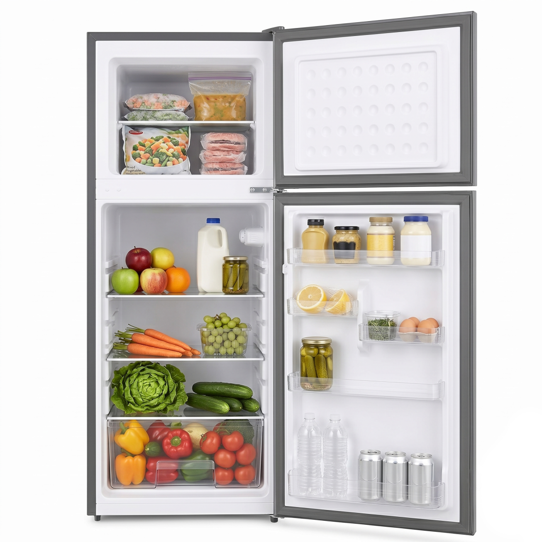 Frigider cu doua usi RTS BCD210S, 208L (160L+48L), Clasa E, Argintiu, Rafturi din sticla, Usi reversibile, 140,6 x 54,5 x 54,5 cm Frigider cu doua usi RTS BCD210S, 208L (160L+48L), Clasa E, Argintiu, Rafturi din sticla, Usi reversibile, 140,6 x 54,5 x 54,5 cm