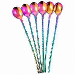 Set 6 paie reutilizabile metalice din inox cu lingurita, 21 cm, pentru cocktail, bauturi, limonada, frappe, whiskey, durabile, usor de curatat, ideale pentru bar, casa, cadou, perfecte pentru petreceri, design multicolor