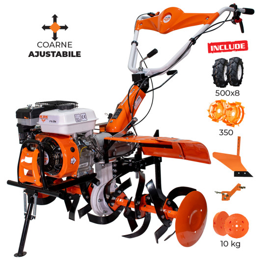 Motosapatoare RURIS 753K + roti cauciuc 5.00-8+plug+adaptor+roti metalice 350 fara manicot+set contragreutati 10kg