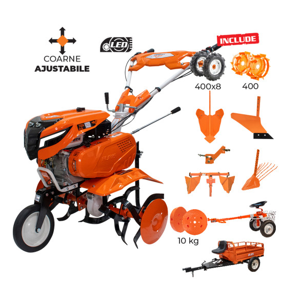Motosapa RURIS 7500ACC6 + roti cauciuc 4.00-8+rarita ajustabila+plug+adaptor+dispozitiv cartofi+cultivator multifunctional+accesoriu tractat+roti metalice 400 fara manicot+remorca RURIS 550S+set contragreutati 10kg